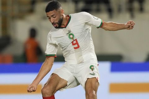 Morocco's Tarik Tissoudali makes an attempt to score during the African Cup of Nations Group F soccer match between Morocco and Zambia at the Laurent Pokou Stadium in San Pedro, Ivory Coast, Wednesday, Jan. 24, 2024. (AP Photo/Sunday Alamba)