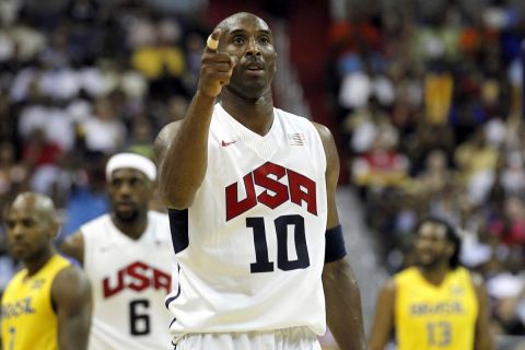 Team USA's Kobe Bryant (10) reacts after a play during the first half of an Olympic men's exhibition basketball game against Brazil, Monday, July 16, 2012, in Washington. Team USA won 80-69. (AP Photo/Alex Brandon)