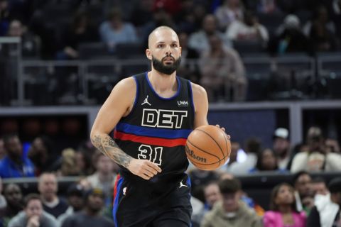 Detroit Pistons guard Evan Fournier (31) plays against the Miami Heat in the second half of an NBA basketball game in Detroit, Friday, March 15, 2024. (AP Photo/Paul Sancya)