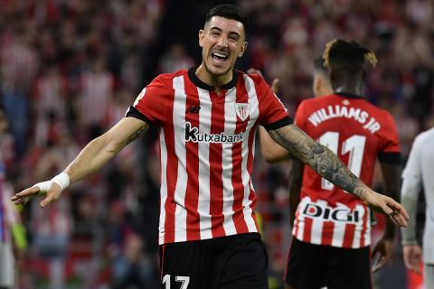 Athletic Bilbao's Yuri Berchiche reacts during the Spanish La Liga soccer match between Athletic Club and Barcelona at the San Mames stadium in Bilbao, Spain, Sunday, March 12, 2023. (AP Photo/Alvaro Barrientos)