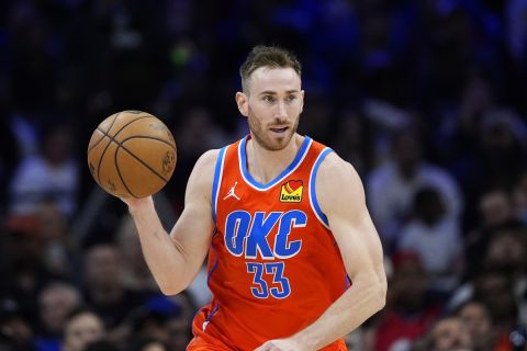 Oklahoma City Thunder's Gordon Hayward plays during an NBA basketball game, Tuesday, April 2, 2024, in Philadelphia. (AP Photo/Matt Slocum)