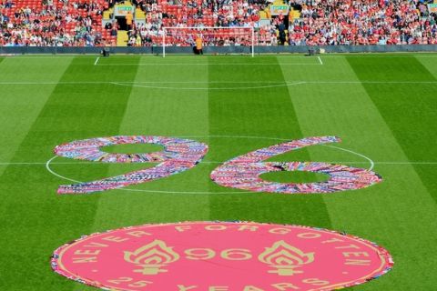 LIVERPOOL, ENGLAND - Tuesday, April 15, 2014: A 96 written in scarves before the 25th Anniversary Hillsborough Service at Anfield. (Pic by David Rawcliffe/Propaganda)