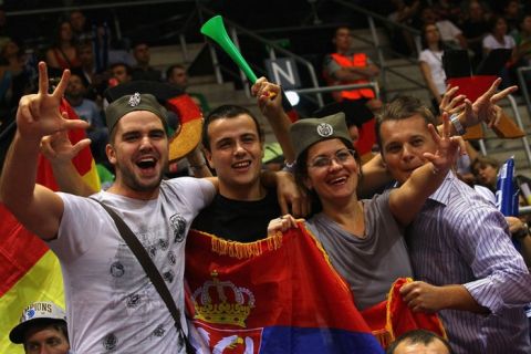 SIAULIAI, LITHUANIA - SEPTEMBER 04:  Fans of Serbia poses during the EuroBasket 2011 first round group B match between Germany and Serbia at Siauliai Arena on September 4, 2011 in Siauliai, Lithuania.  (Photo by Christof Koepsel/Bongarts/Getty Images)