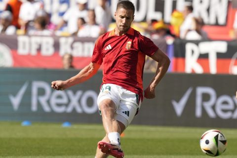 Hungary's Barnabas Varga warms up prior to the start of a Group A match between Germany and Hungary at the Euro 2024 soccer tournament in Stuttgart, Germany, Wednesday, June 19, 2024. (AP Photo/Antonio Calanni)