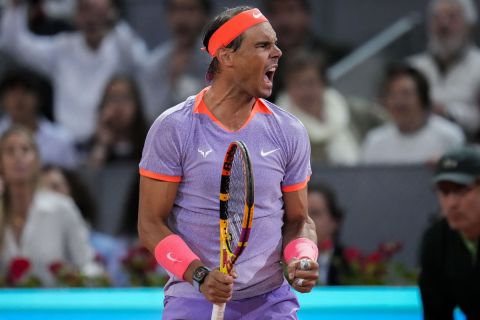 Rafael Nadal, of Spain, celebrates after winning to Alex de Minaur, of Australia, during the Mutua Madrid Open tennis tournament in Madrid, Saturday, April 27, 2024. (AP Photo/Manu Fernandez)