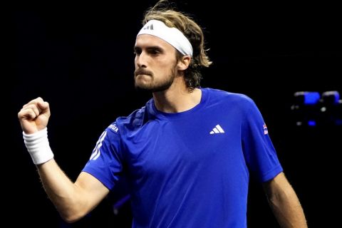 Team Europe's Stefanos Tsitsipas reacts during his singles tennis match against team World's Thanasi Kokkinakis on the first day of the Laver Cup tennis tournament at the Uber arena in Berlin, Germany, Friday, Sept. 20, 2024. (AP Photo/Ebrahim Noroozi)