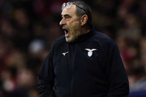 Lazio's head coach Maurizio Sarri reacts during a Group E Champions League soccer match between Atletico Madrid and Lazio at the Metropolitano stadium in Madrid, Spain, Wednesday, Dec. 13, 2023. (AP Photo/Pablo Garcia)