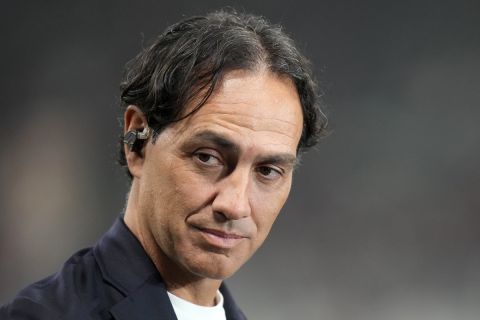 Former AC Milan player Alessandro Nesta talks to the media before the Champions League, Group E soccer match between AC Milan and FC Salzburg, at the San Siro stadium in Milan, Italy, Wednesday, Nov. 2, 2022. (AP Photo/Luca Bruno)