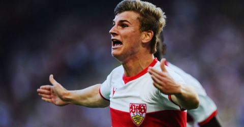 STUTTGART, GERMANY - SEPTEMBER 22:  Timo Werner of Stuttgart celebrates his team's first goal during the Bundesliga match between VfB Stuttgart and Eintracht Frankfurt at Mercedes-Benz Arena on September 22, 2013 in Stuttgart, Germany.  (Photo by Daniel Kopatsch/Bongarts/Getty Images)