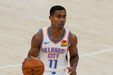 Oklahoma City Thunder guard Theo Maledon (11) during a preseason NBA basketball game against the Chicago Bulls, Wednesday, Dec. 16, 2020, in Oklahoma City. (AP Photo/Sue Ogrocki)