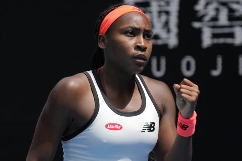 Coco Gauff of the U.S. reacts after winning a point against Katerina Siniakova of the Czech Republic during their first round match at the Australian Open tennis championship in Melbourne, Australia, Monday, Jan. 16, 2023. (AP Photo/Aaron Favila)