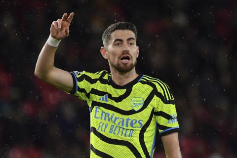 Arsenal's Jorginho during the English Premier League soccer match between Sheffield United and Arsenal at Bramall Lane in Sheffield, England, Monday, March 4, 2024. (AP Photo/Rui Vieira)