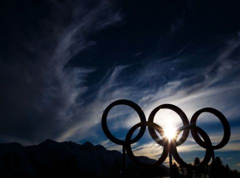Feb 13, 2014; Krasnaya Polyana, RUSSIA;  A view of the Olympic rings as the sun sets at the Laura Cross Country Ski and Biathlon Center during the Sochi 2014 Olympic Winter Games at.  Mandatory Credit: Guy Rhodes-USA TODAY Sports