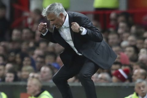 Manchester United's manager Jose Mourinho reacts in frustration during the English Premier League soccer match between Manchester United and Leicester City at Old Trafford, in Manchester, England, Friday, Aug. 10, 2018. (AP Photo/Jon Super)