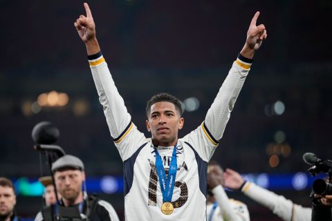 Real Madrid's Jude Bellingham celebrates after winning the Champions League final soccer match between Borussia Dortmund and Real Madrid at Wembley stadium in London, Saturday, June 1, 2024. (AP Photo/Kin Cheung)