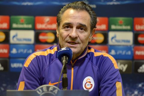 Galatasaray head coach Cesare Prandelli talks to the media at a press conference in Dortmund, Germany, Monday, Nov. 3, 2014. Borussia Dortmund will play against Galatasaray Istanbul in a group D Champions League match on Tuesday Nov. 4. (AP Photo/Martin Meissner)