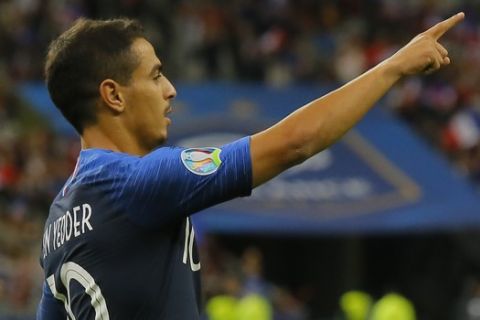 France's Wissam Ben Yedder celebrates his goal, France's third goal during the Euro 2020 group H qualifying soccer match between France and Andorra at the Stade de France in Saint Denis, north of Paris, France, Tuesday, Sept. 10, 2019. (AP Photo/Michel Euler)