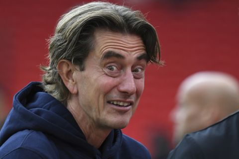 Brentford's head coach Thomas Frank smiles ahead the English Premier League soccer match between Liverpool and Brentford at Anfield Stadium, Liverpool, England, Sunday, Aug. 25, 2024. (AP Photo/Rui Vieira)