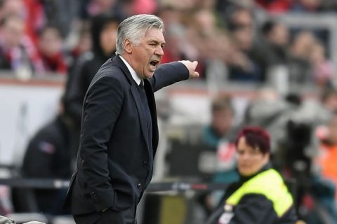 Bayern head coach Carlo Ancelotti reacts during the German Bundesliga soccer match between Bayer Leverkusen and Bayern Munich in Leverkusen, Germany, Saturday, April 15, 2017. (AP Photo/Martin Meissner)