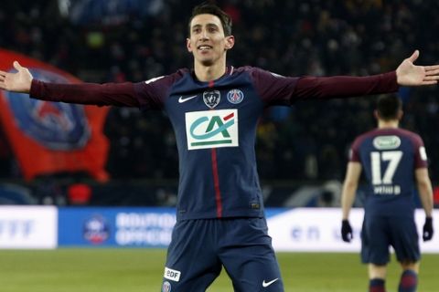 PSG's Angel Di Maria celebrates after scoring his side's opening goal during the French Cup soccer match between Paris Saint-Germain and Marseille at the Parc des Princes Stadium, in Paris, France, Wednesday, Feb. 28, 2018. (AP Photo/Thibault Camus)