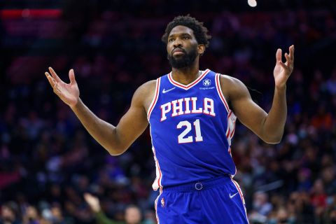 Philadelphia 76ers' Joel Embiid reacts to his basket during the second half of an NBA basketball game against the New Orleans Pelicans, Tuesday, Jan. 25, 2022, in Philadelphia. The 76ers won 117-107. (AP Photo/Chris Szagola)