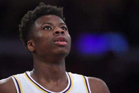 Los Angeles Lakers' Kostas Antetokounmpo waits for a rebound during the second half of a preseason NBA basketball game against the Golden State Warriors Wednesday, Oct. 16, 2019, in Los Angeles. The Lakers won 126-93. (AP Photo/Mark J. Terrill)