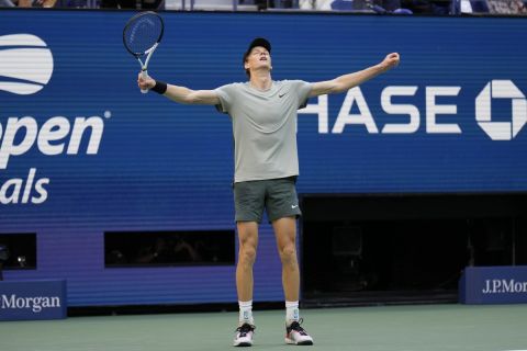 Jannik Sinner, of Italy, reacts after defeating Taylor Fritz, of the United States, to win the men's singles final of the U.S. Open tennis championships, Sunday, Sept. 8, in New York. 2024. (AP Photo/Seth Wenig)