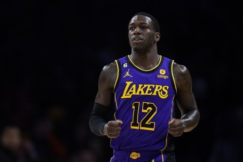 Los Angeles Lakers' Kendrick Nunn (12) during the second half of an NBA basketball game against the Atlanta Hawks Sunday, Jan. 8, 2023, in Los Angeles. (AP Photo/Jae C. Hong)