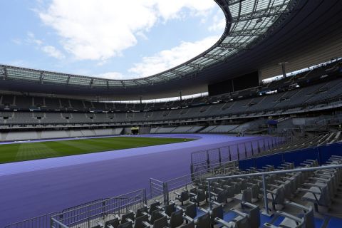 Stade de France is shown ahead of the Olympics, Tuesday, May 7, 2024, in Paris. The Paris Olympics are set to begin in late July. (AP Photo/David J. Phillip)