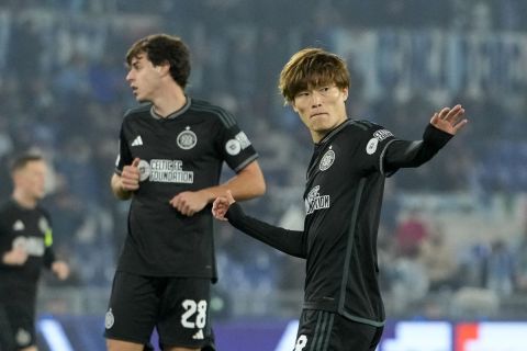 Celtic's Kyogo Furuhashi reacts after missing an opportunity to score during the Champions League, group E, soccer match between Lazio and Celtic at Rome's Olympic stadium, Tuesday, Nov. 28, 2023. (AP Photo/Alessandra Tarantino)