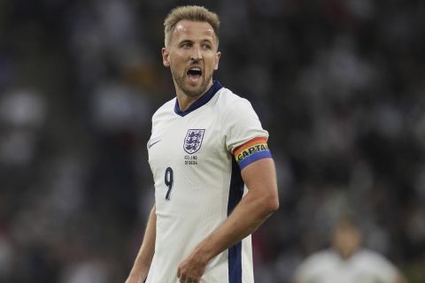 England's Harry Kane during the International friendly soccer match between England and Iceland at Wembley stadium in London, Friday, June 7, 2024.(AP Photo/Kin Cheung)