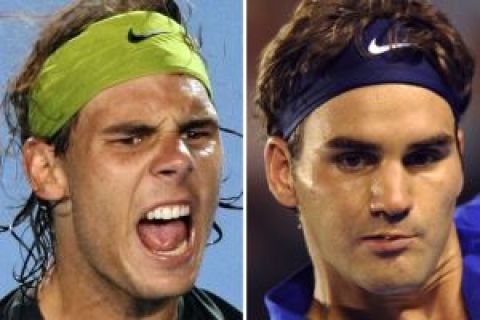 (FILES) This combo shows Rafael Nadal (L) of Spain playing against compatriot Fernando Verdasco (unseen) on January 31, and Roger Federer (R) of Switzerland returning the ball to Andy Roddick (unseen) of the US on January 29, at the Australian Open tennis tournament in Melbourne.  Nadal beat Verdasco 6-7 (4/7), 6-4, 7-6 (7/2), 6-7 (1/7), 6-4 on  on January 31, 2009, over a record five hours and 14 minutes to set up an Australian Open final with Roger Federer on February 1.     AFP PHOTO / GREG WOOD / WILLIAM WEST / FILES