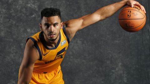 Naz Mitrou-Long poses for a photograph during media day at the Utah Jazz practice facility Monday, Sept. 24, 2018, in Salt Lake City, Utah. (AP Photo/Rick Bowmer)