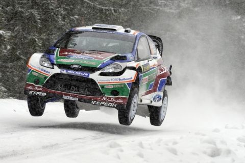 KARLSTAD, SWEDEN - FEBRUARY 10:  Jari Matti Latvala of Finland and Mikka Anttila of Finland compete in their Ford Abu Dhabi World Rally Team Ford Fiesta RS WRC during the Shakedown of the WRC Rally of Sweden on February 10, 2011 in Karlstad, Sweden.  (Photo by Massimo Bettiol/Getty Images)