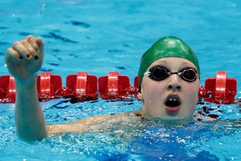 LONDON, ENGLAND - JULY 29: Lithuania's Ruta Meilutyte reacts after competing in the Women's 100m Breaststroke semi final 2 on Day 2 of the London 2012 Olympic Games at the Aquatics Centre on July 29, 2012 in London, England.  (Photo by Adam Pretty/Getty Images)