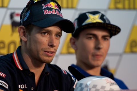 HOHENSTEIN-ERNSTTHAL, GERMANY - JULY 16: Casey Stoner of Australia and Repsol Honda Team speaks at journalists during the press conference at the end of the qualifying practice of MotoGP of Germany at Sachsenring Circuit on July 16, 2011 in Hohenstein-Ernstthal, Germany.  (Photo by Mirco Lazzari gp/Getty Images)