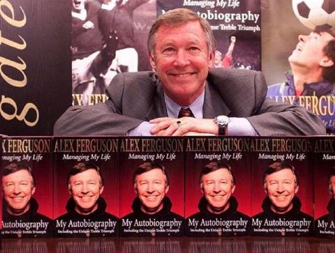 This picture may only be used within the context of an editorial. Manchester United manager Sir Alex Ferguson at the first book signing for his new autobiography at Waterstones bookshop in Manchester.