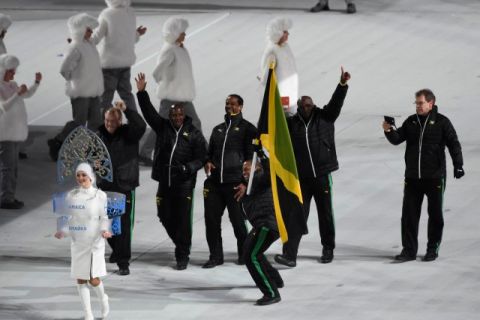 Feb 7, 2014; Sochi, RUSSIA; Jamaican flag bearer Marvin Dixon leads his country's Olympic team onto the stage during the opening ceremony for the Sochi 2014 Olympic Winter Games at Fisht Olympic Stadium. Mandatory Credit: Robert Hanashiro-USA TODAY Sports