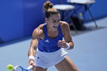 Maria Sakkari, of Greece, reacts as she wins her match against KONTAVEIT Anett Kontaveit, of Estonia, during the first round of the tennis competion at the 2020 Summer Olympics, Saturday, July 24, 2021, in Tokyo, Japan. (AP Photo/Seth Wenig)