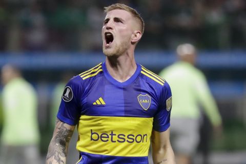 Nicolas Valentini of Argentina's Boca Juniors celebrates defeating Brazil's Palmeiras in a Copa Libertadores semifinal second leg soccer match at Allianz Parque stadium in Sao Paulo, Brazil, Thursday, Oct. 5, 2023. (AP Photo/Bruna Prado)