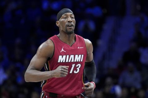 Miami Heat's Bam Adebayo during the first half of an NBA basketball game, Wednesday, Feb. 14, 2024, in Philadelphia. (AP Photo/Matt Rourke)