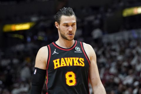 Atlanta Hawks forward Danilo Gallinari (8) is in action during the first half of Game 2 of an NBA basketball first-round playoff series against the Miami Heat, Tuesday, April 19, 2022, in Miami. (AP Photo/Lynne Sladky)