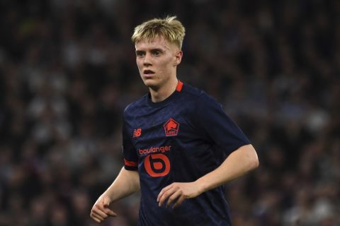 Lille's Hakon Arnar Haraldsson during the Europa Conference League quarter final soccer match between Aston Villa and Losc Lille at Villa Park in Birmingham, England, Thursday, April 11, 2024. (AP Photo/Rui Vieira)