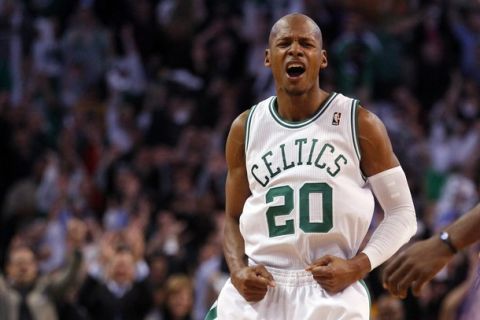 Boston Celtics guard Ray Allen reacts after making his second three-point basket of the game to set a new NBA record for career three-point baskets in the first quarter of their NBA basketball game against the Los Angeles Lakers in Boston, Massachusetts February 10, 2011.   REUTERS/Brian Snyder    (UNITED STATES - Tags: SPORT BASKETBALL IMAGES OF THE DAY)