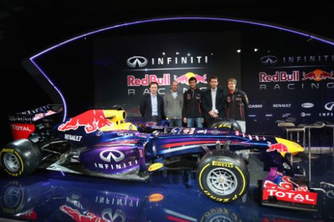 MILTON KEYENES, ENGLAND - FEBRUARY 03:  (L-R) Christian Horner, Team Principle, Adrian Newey, Chief Technical Officer, Mark Webber of Australia, Simon Sproule, Infiniti Corperate Vice-President Global Marketing and Sebastian Vettel of Germany pose along side the new car during the Infiniti Red Bull Racing RB9 launch on February 3, 2013 in Milton Keynes, England.  (Photo by Mark Thompson/Getty Images)