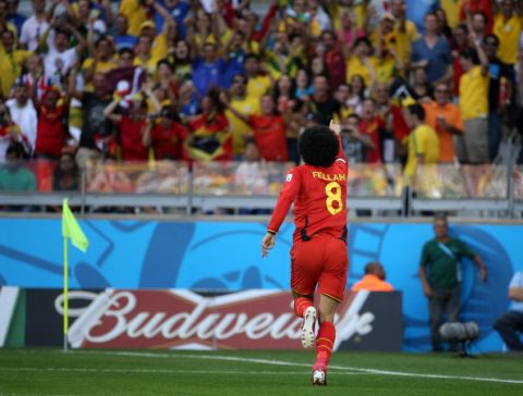 BELO HORIZONTE, BRAZIL - JUNE 17: Marouane Fellaini of Belgium celebrates his goal during the 2014 FIFA World Cup Brazil Group H match between Belgium and Algeria at Estadio Mineirao on June 17, 2014 in Belo Horizonte, Brazil. (Photo by Jean Catuffe/Getty Images)