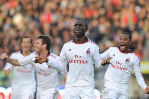 AC Milan's midfielder of Sierra Leone Rodney Strasser (C) celebrates after scoring a goal against Cagliari during their Italian Serie A football match on January 6, 2011 at St.Elia stadium in Cagliari. AFP PHOTO / Tiziana Fabi (Photo credit should read TIZIANA FABI/AFP/Getty Images)