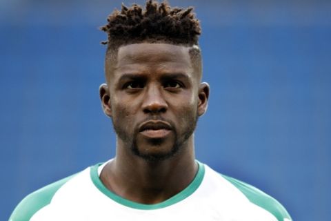 Senegal's Papy Djilobodji listens to national anthem prior to a friendly soccer match between Senegal and Bosnia and Herzegovina at the Oceane stadium in Le Havre, northern France, Tuesday, March 27, 2018. (AP Photo/Francois Mori)