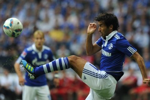 RESTRICTIONS / EMBARGO - DFL LIMITS THE USE OF IMAGES ON THE INTERNET TO 15 PICTURES (NO VIDEO-LIKE SEQUENCES) DURING THE MATCH AND PROHIBITS MOBILE (MMS) USE DURING AND FOR FURTHER TWO HOURS AFTER THE MATCH. FOR MORE INFORMATION CONTACT DFL.
Schalke's Spanish striker Raul kicks the ball during the German first division Bundesliga football match FC Schalke 04 vs 1. FC Cologne in the western German city of Gelsenkirchen on August 13, 2011. Schalke won the match 5-1. AFP PHOTO / PATRIK STOLLARZ (Photo credit should read PATRIK STOLLARZ/AFP/Getty Images)