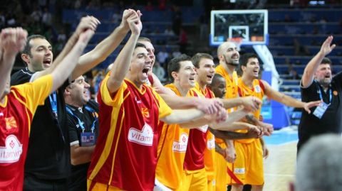 Macedonia players celebrate after winning their match against Lithuania during the EuroBasket 2011 quarter final round basketball match between Lithuania and Macedonia, in Kaunas, on September 14, 2011. AFP PHOTO / Petras Malukas (Photo credit should read PETRAS MALUKAS/AFP/Getty Images)